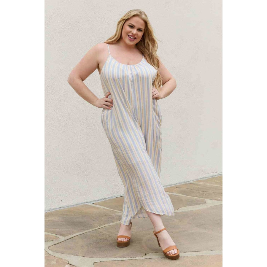HEYSON Full Size Multi Colored Striped Jumpsuit with Pockets Clothing