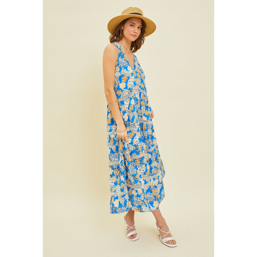 HEYSON Full Size Printed Crochet Trim Maxi Dress Apparel and Accessories