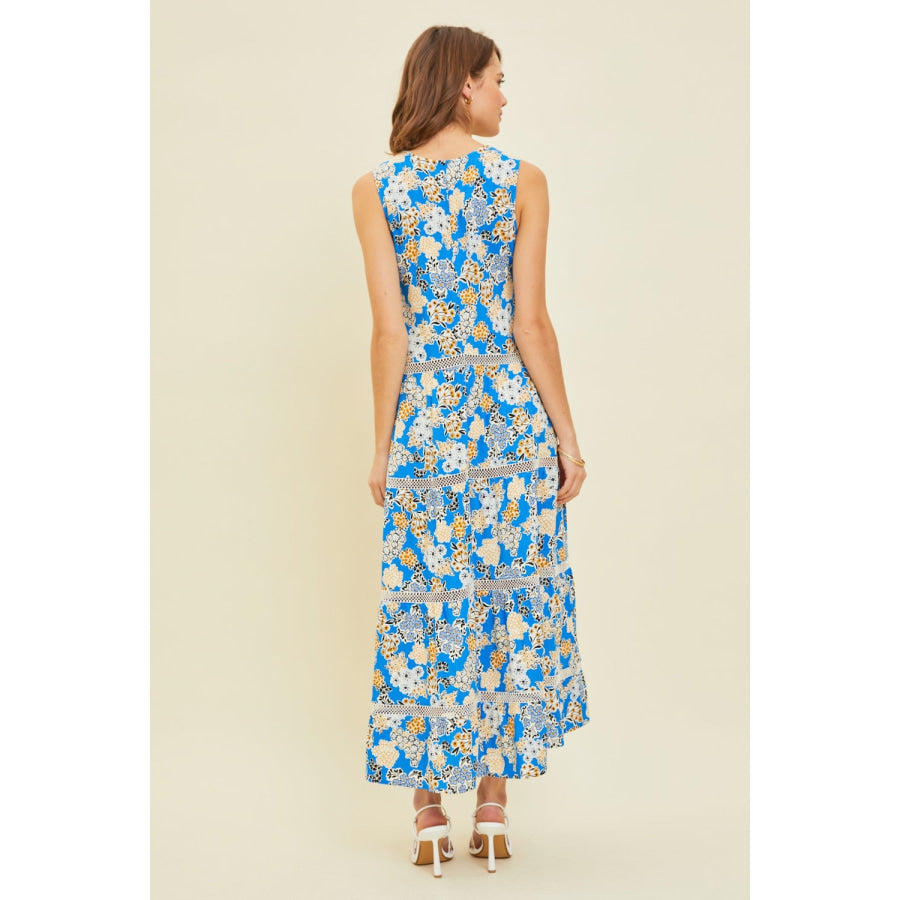HEYSON Full Size Printed Crochet Trim Maxi Dress Pool Blue / S Apparel and Accessories