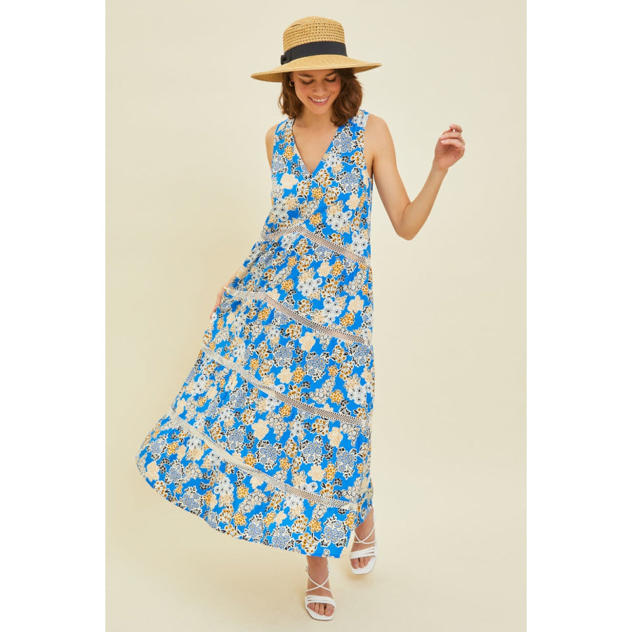 HEYSON Full Size Printed Crochet Trim Maxi Dress Pool Blue / S Apparel and Accessories