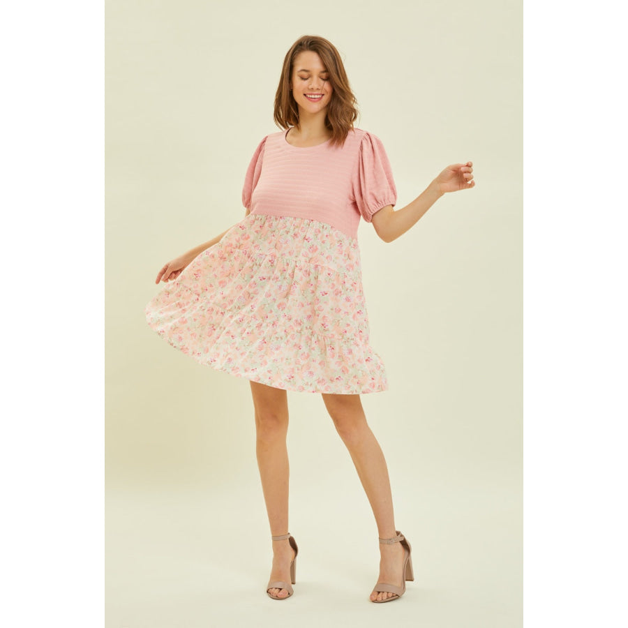 HEYSON Full Size Round Neck Floral Ruffle Hem Mini Dress Apparel and Accessories