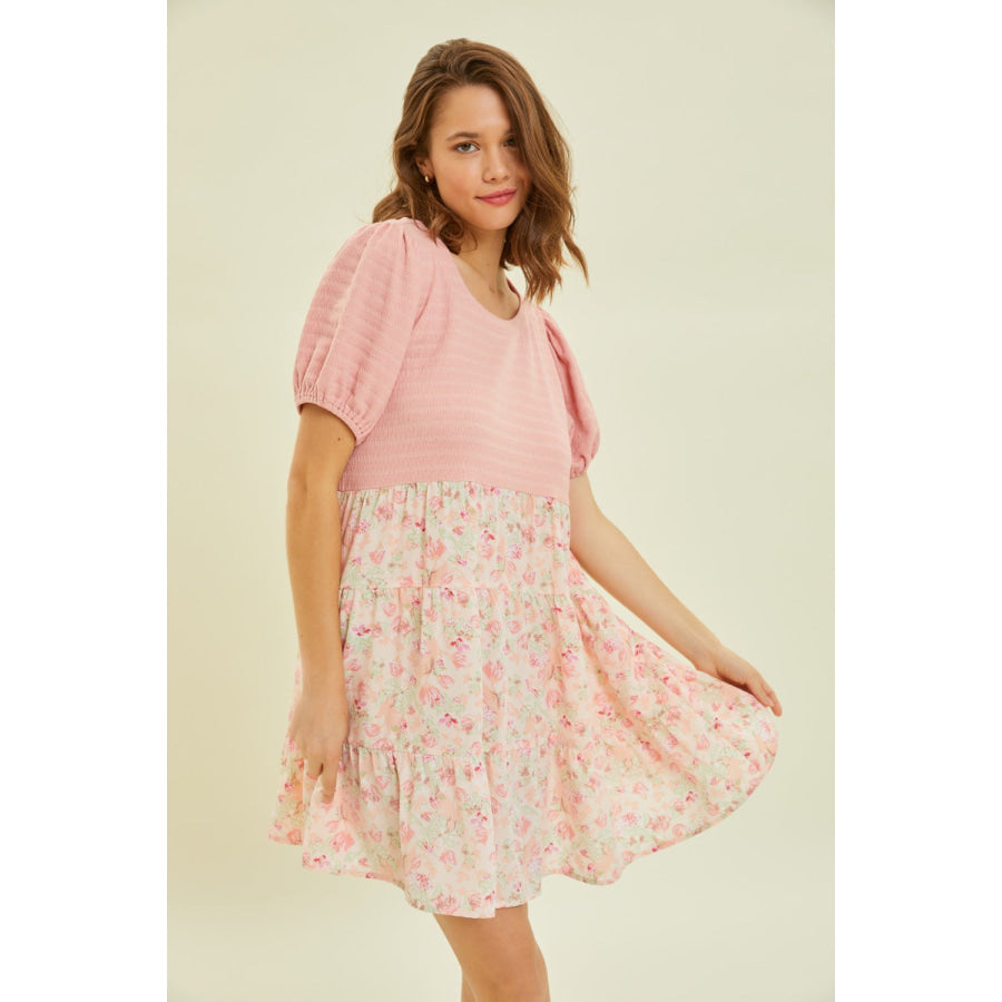 HEYSON Full Size Round Neck Floral Ruffle Hem Mini Dress French Rose / S Apparel and Accessories