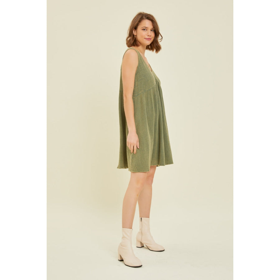 HEYSON Full Size Texture V - Neck Sleeveless Flare Mini Dress Apparel and Accessories