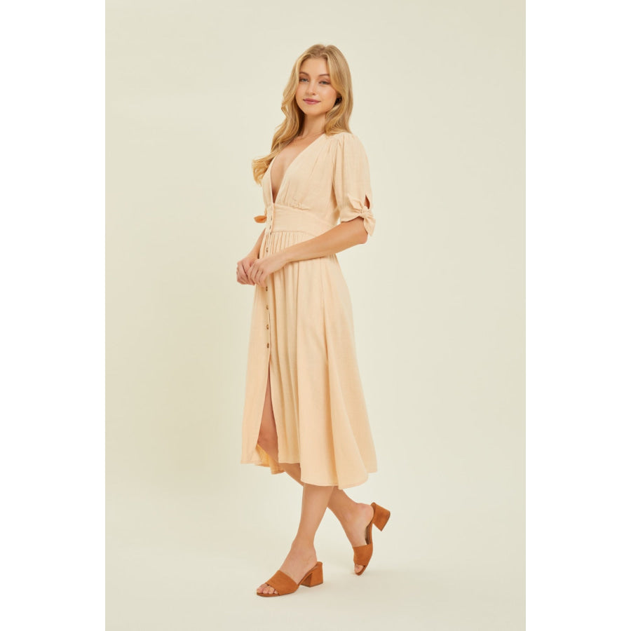 HEYSON Full Size Textured Linen V - Neck Button - Down Midi Dress Apparel and Accessories