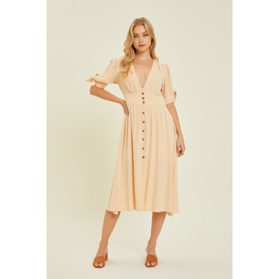 HEYSON Full Size Textured Linen V - Neck Button - Down Midi Dress Cream / S Apparel and Accessories