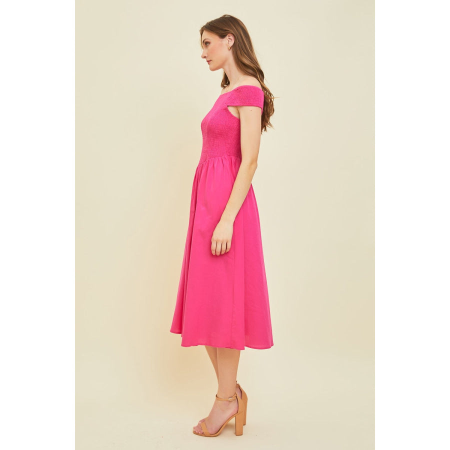 HEYSON Off - Shoulder Smocked Midi Dress Apparel and Accessories