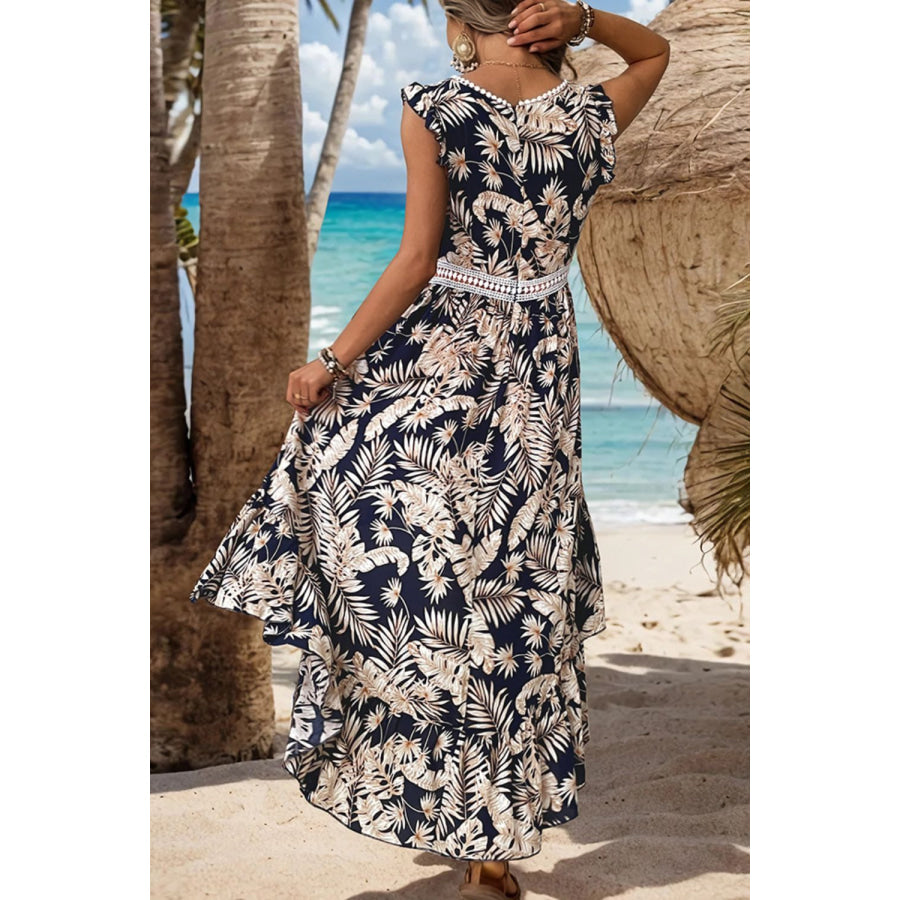 High-Low Printed V-Neck Cap Sleeve Midi Dress Navy / S Apparel and Accessories