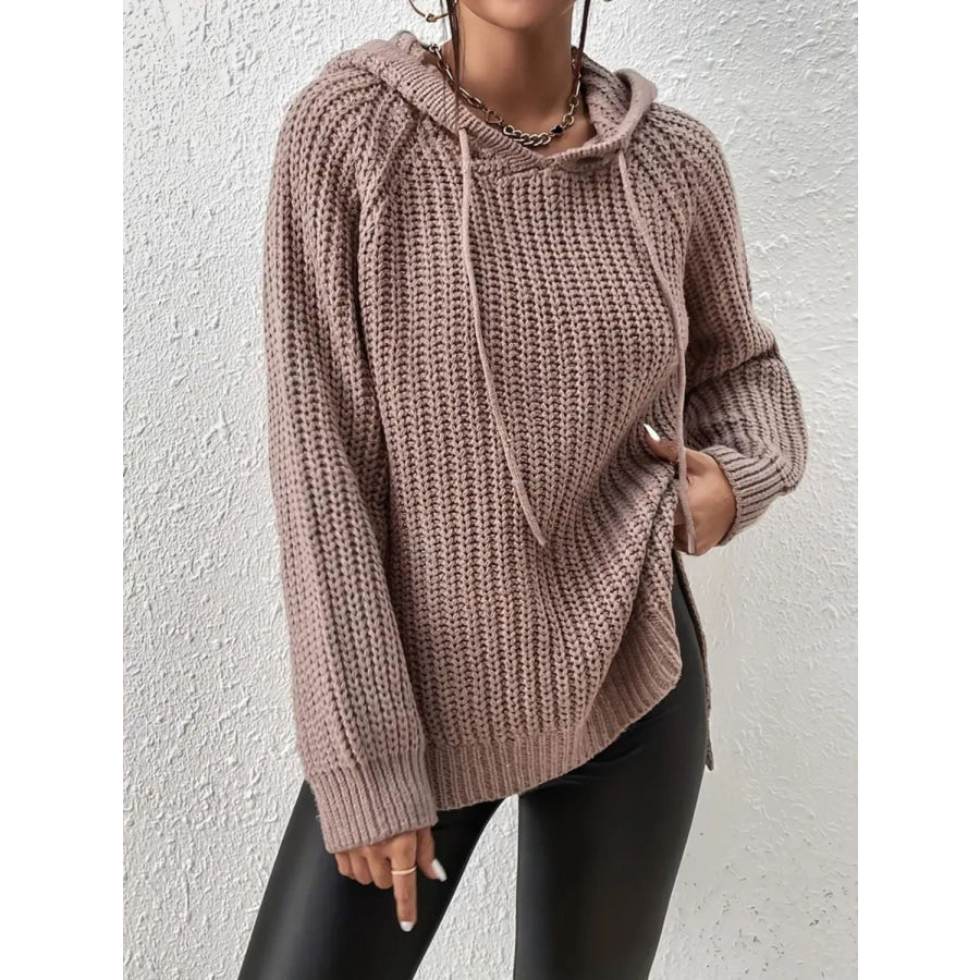 High-Low Side Slit Drawstring Long Sleeve Hooded Sweater Mocha / One Size Apparel and Accessories