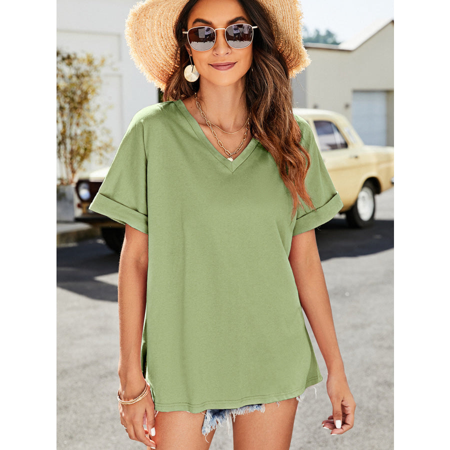 High-Low Side Slit V-Neck Tee