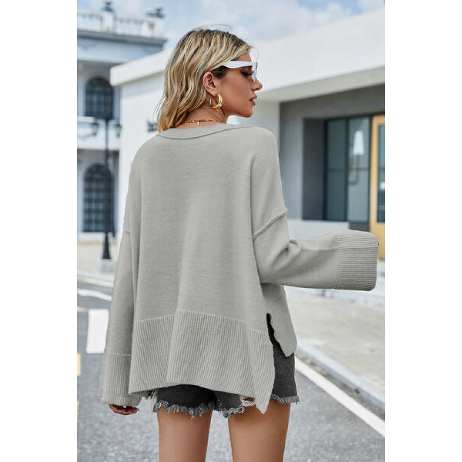 High-Low Slit Round Neck Long Sleeve Sweater Clothing