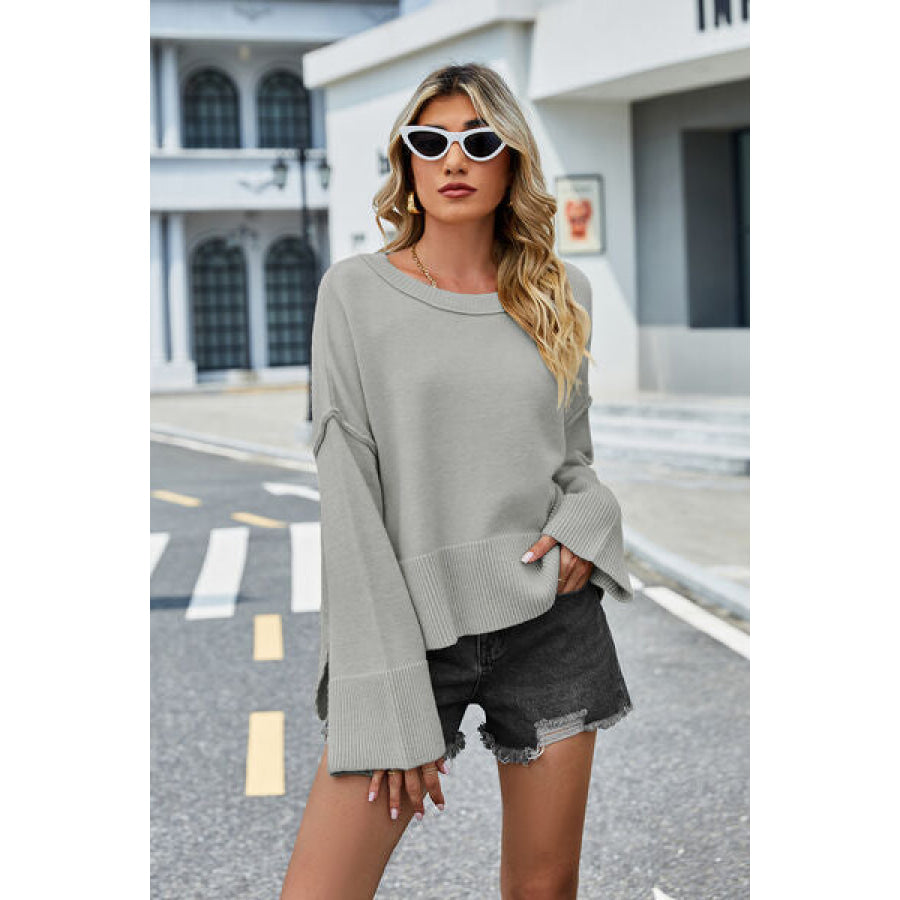 High-Low Slit Round Neck Long Sleeve Sweater Cloudy Blue / S Clothing