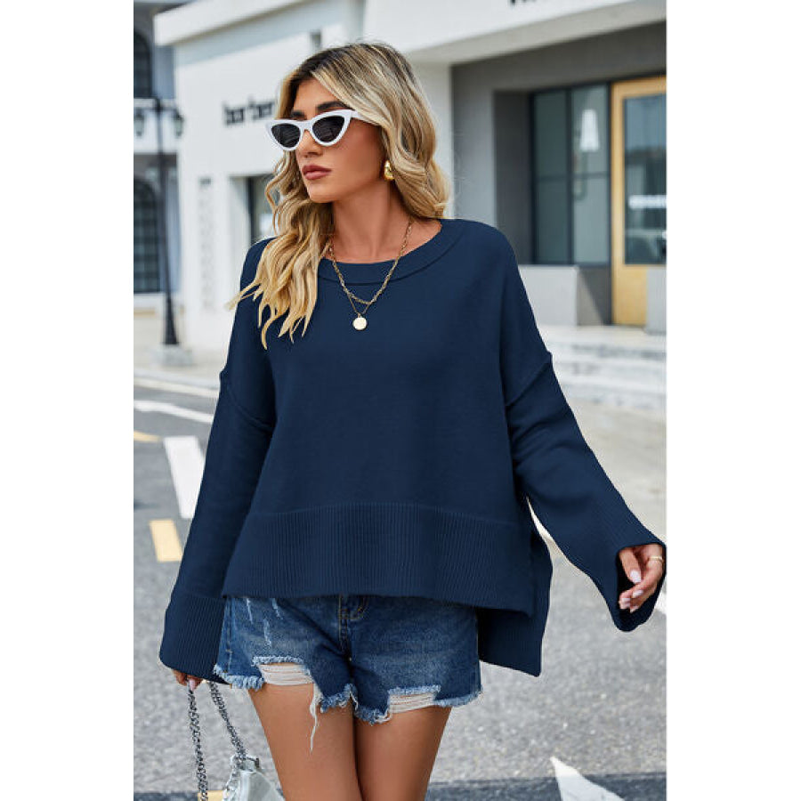 High-Low Slit Round Neck Long Sleeve Sweater Navy / S Clothing