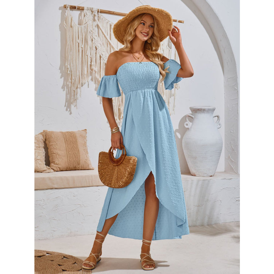 High-Low Smocked Short Sleeve Midi Dress Blue / S Apparel and Accessories