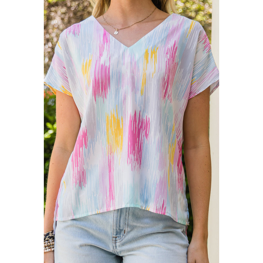 High-Low V-Neck Short Sleeve Blouse