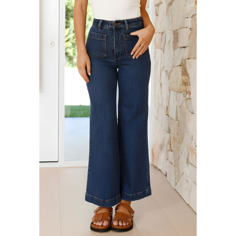 High Waist Bootcut Jeans with Pockets Apparel and Accessories