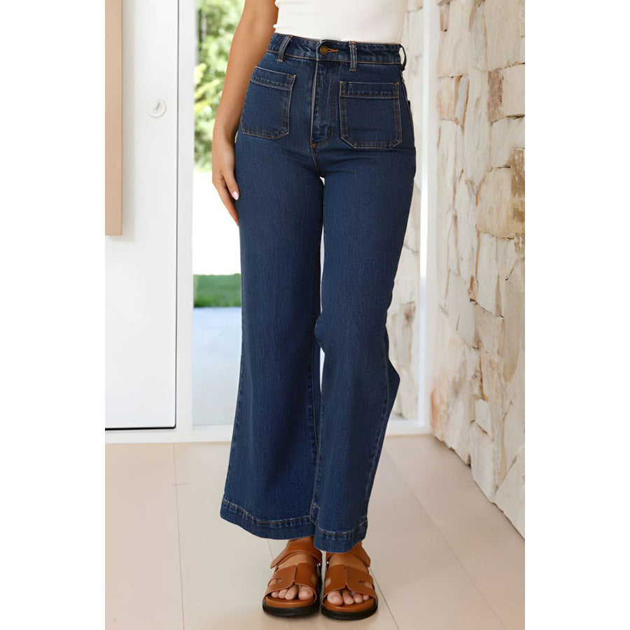 High Waist Bootcut Jeans with Pockets Dark / S Apparel and Accessories