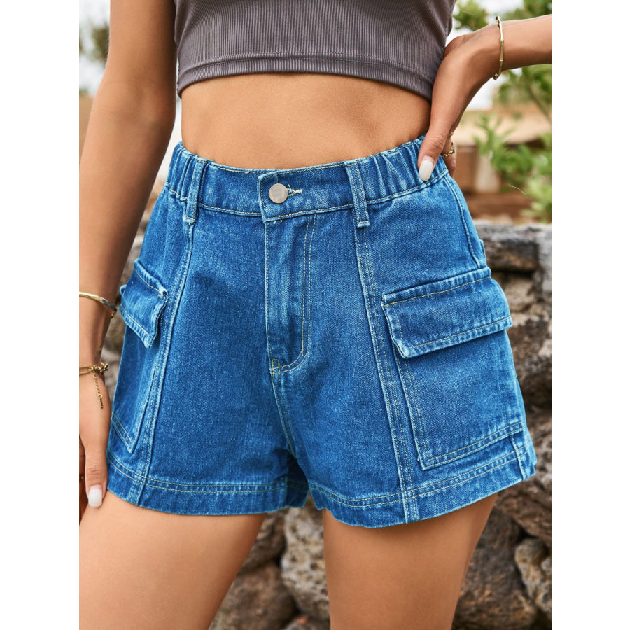 High Waist Denim Shorts with Pockets Royal Blue / S Apparel and Accessories