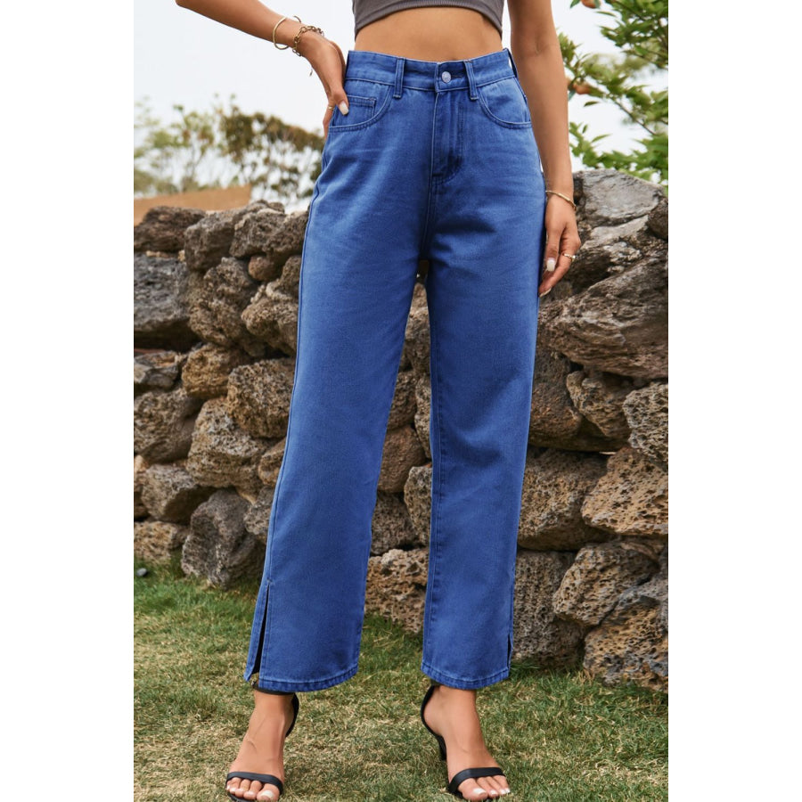 High Waist Loose Fit Ankle Slit Jeans Medium / S