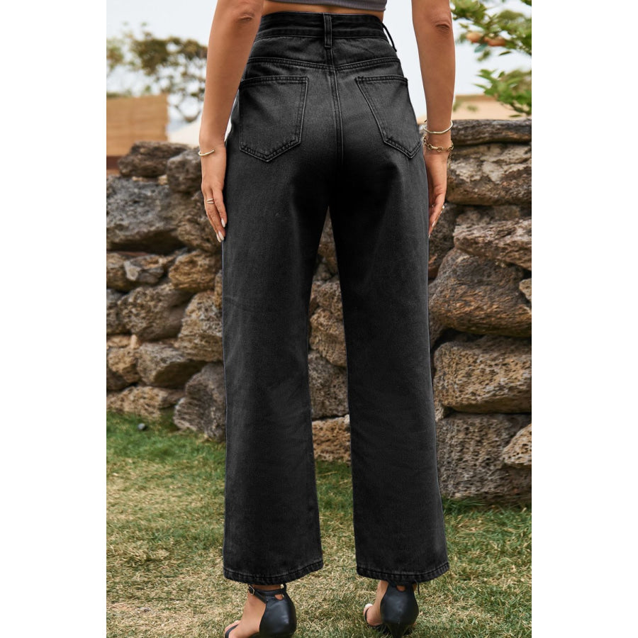 High Waist Loose Fit Ankle Slit Jeans