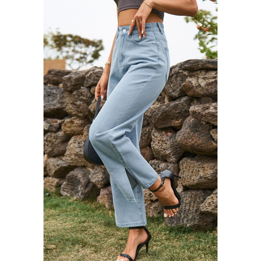 High Waist Loose Fit Ankle Slit Jeans