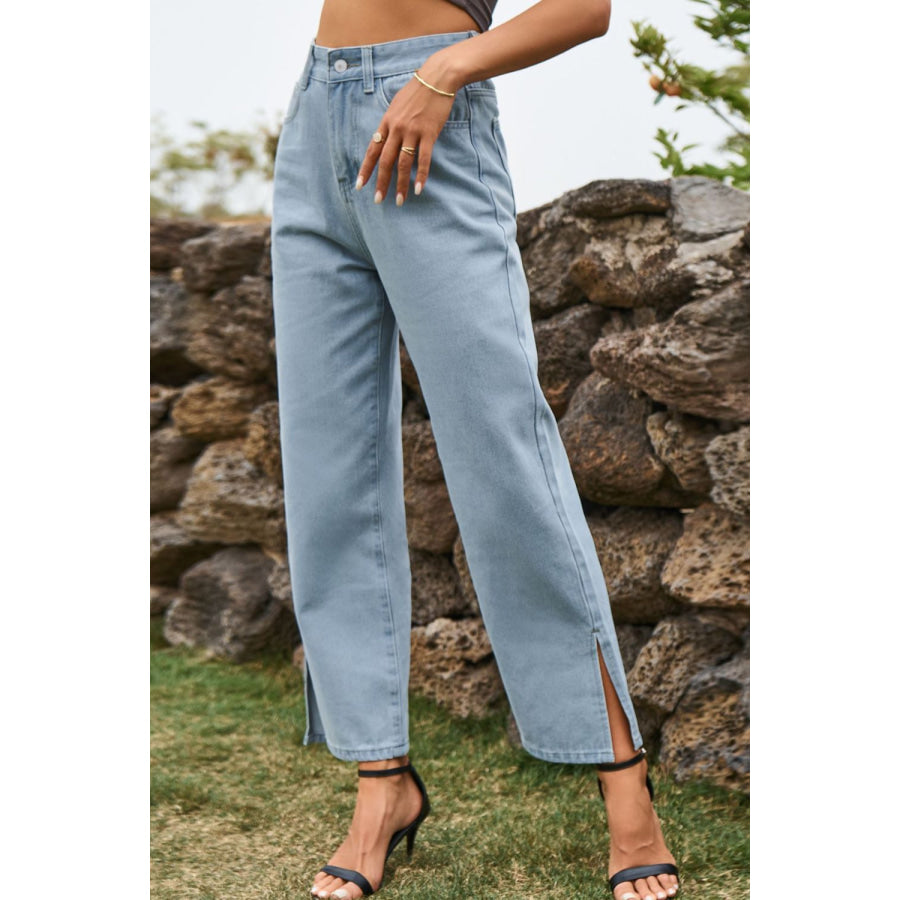 High Waist Loose Fit Ankle Slit Jeans