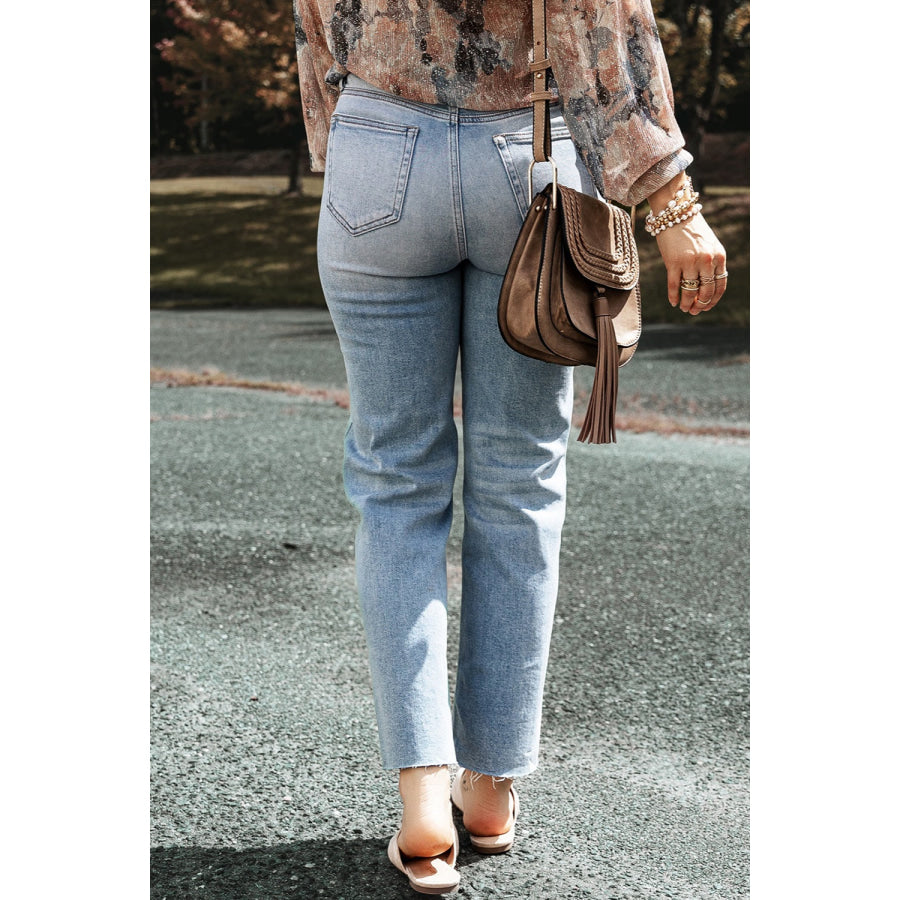 High Waist Straight Jeans with Pockets Apparel and Accessories