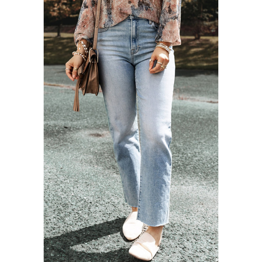 High Waist Straight Jeans with Pockets Apparel and Accessories