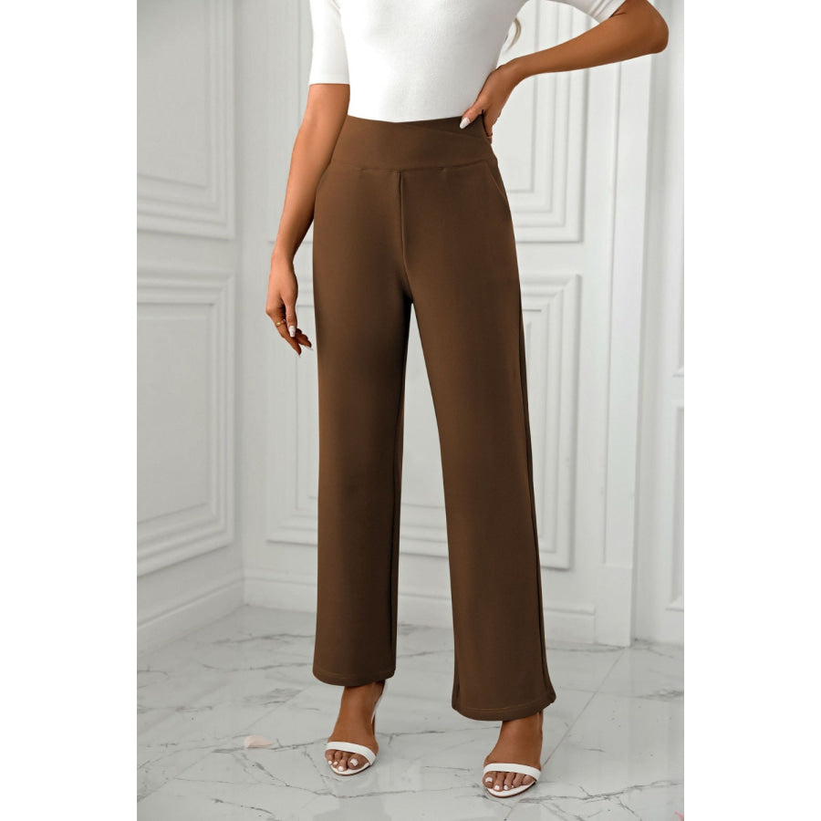 High Waist Straight Leg Pants Brown / S Apparel and Accessories