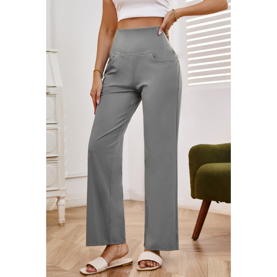 High Waist Wide Leg Pants with Pockets Apparel and Accessories