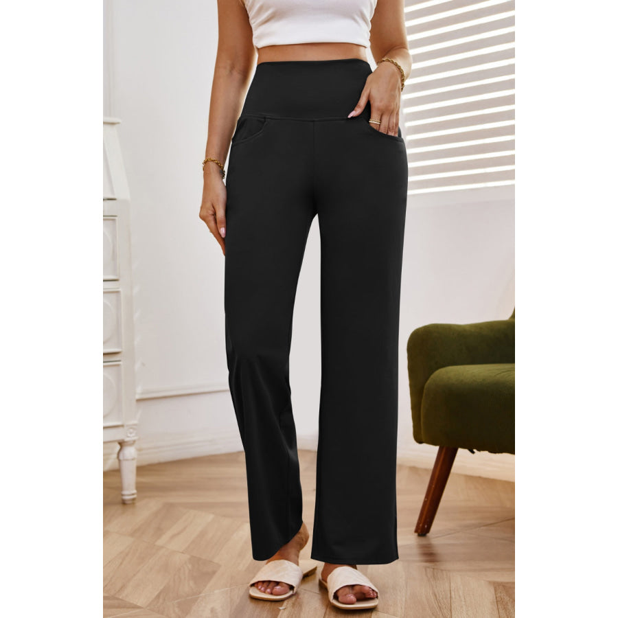 High Waist Wide Leg Pants with Pockets Apparel and Accessories