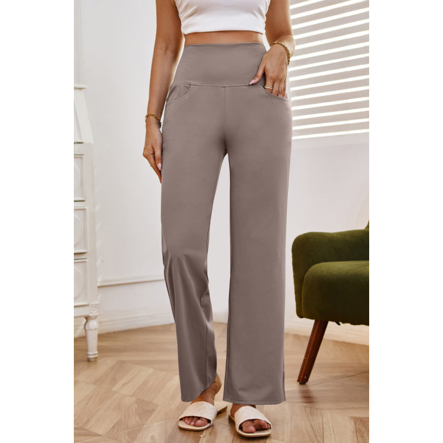 High Waist Wide Leg Pants with Pockets Apparel and Accessories