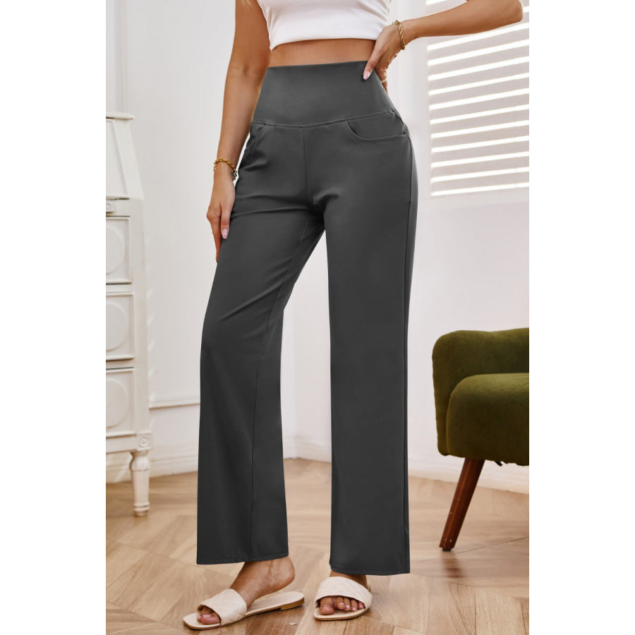 High Waist Wide Leg Pants with Pockets Apparel and Accessories