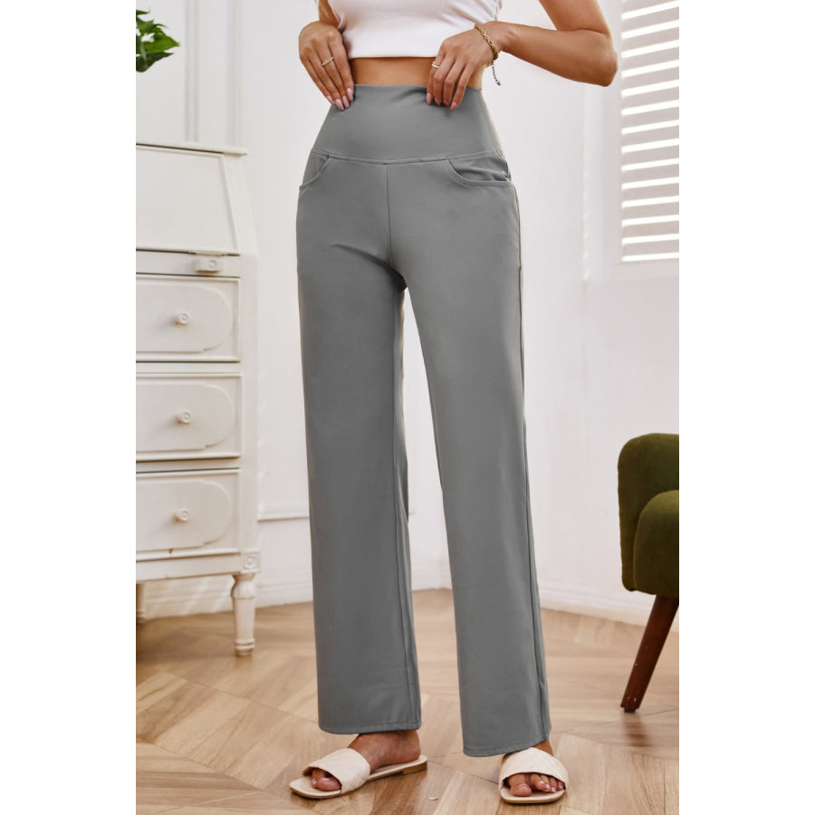 High Waist Wide Leg Pants with Pockets Apparel and Accessories