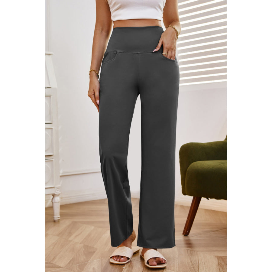 High Waist Wide Leg Pants with Pockets Apparel and Accessories