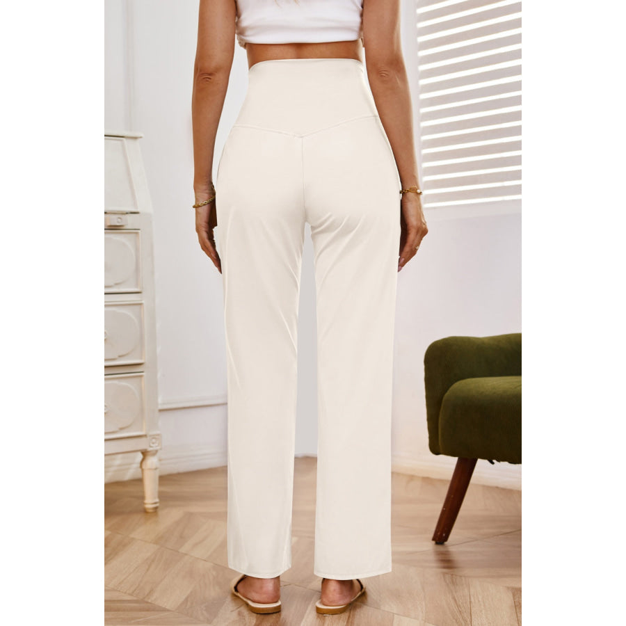 High Waist Wide Leg Pants with Pockets Apparel and Accessories