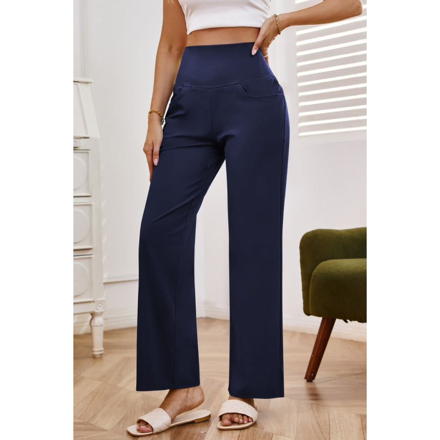 High Waist Wide Leg Pants with Pockets Apparel and Accessories