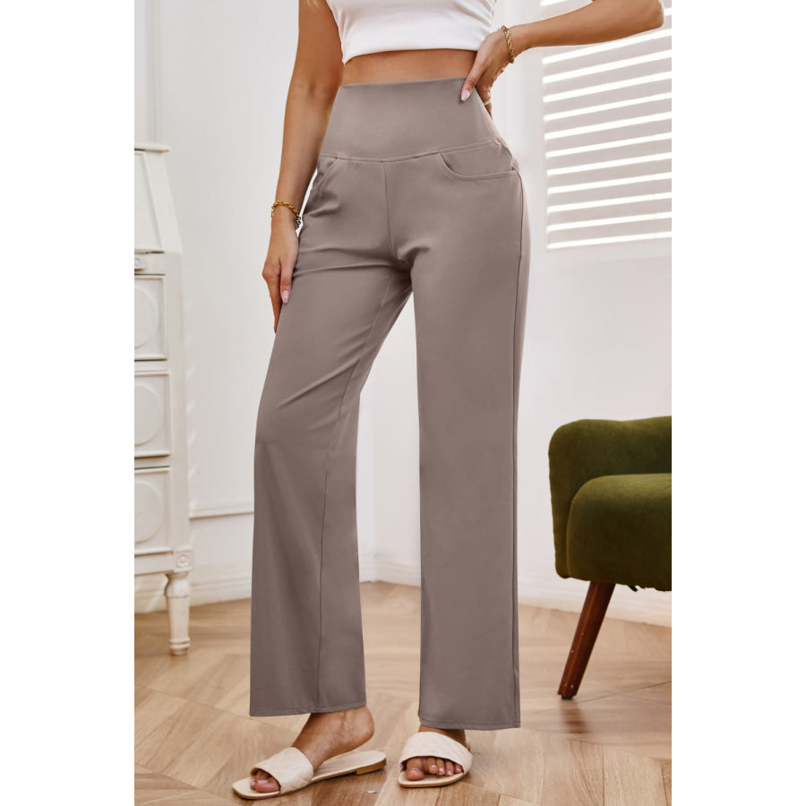 High Waist Wide Leg Pants with Pockets Apparel and Accessories