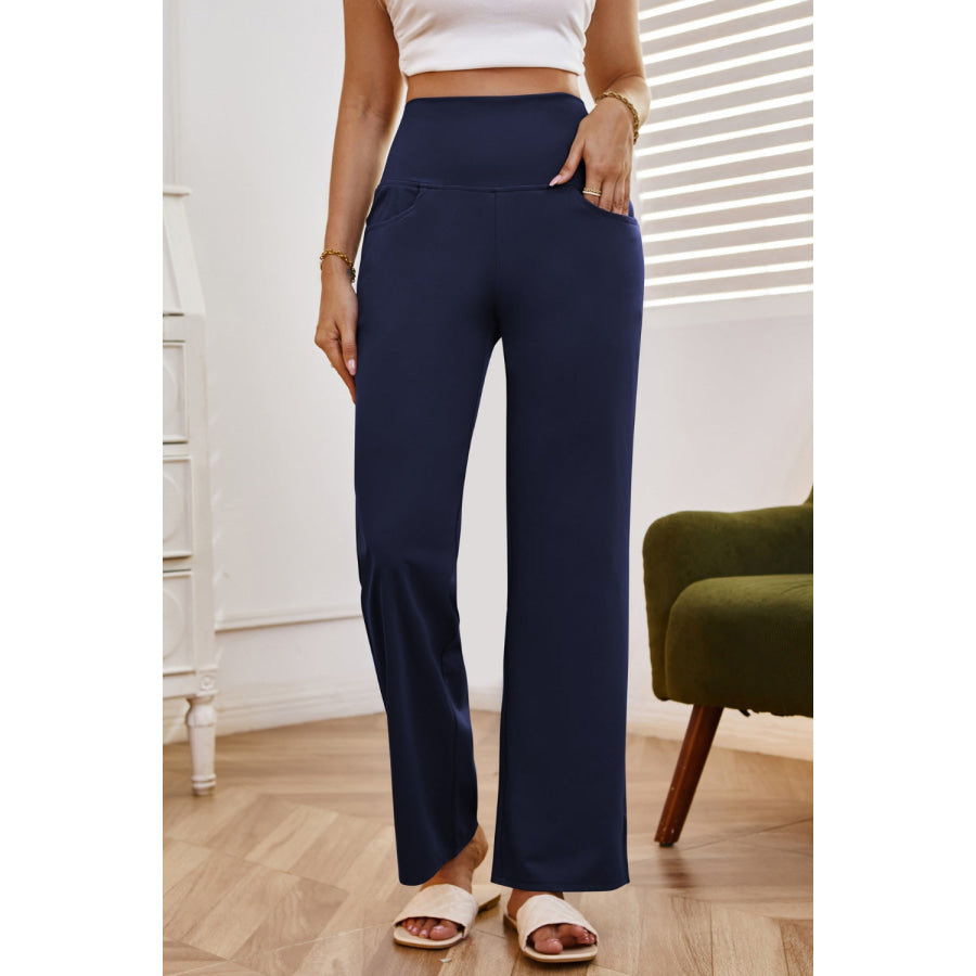 High Waist Wide Leg Pants with Pockets Apparel and Accessories