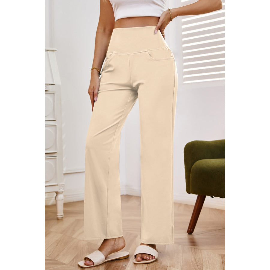 High Waist Wide Leg Pants with Pockets Apparel and Accessories
