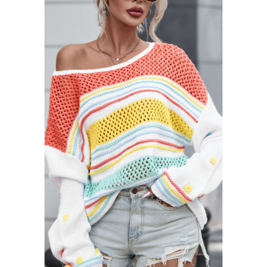 Hollow Striped Color Block Round Neck Sweater Apparel and Accessories