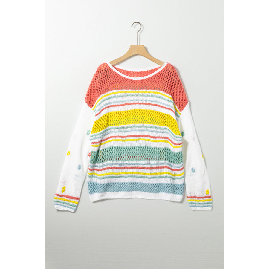Hollow Striped Color Block Round Neck Sweater Apparel and Accessories