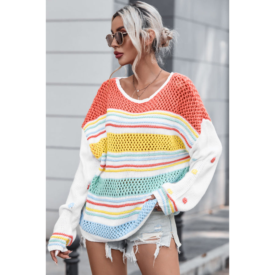 Hollow Striped Color Block Round Neck Sweater Apparel and Accessories