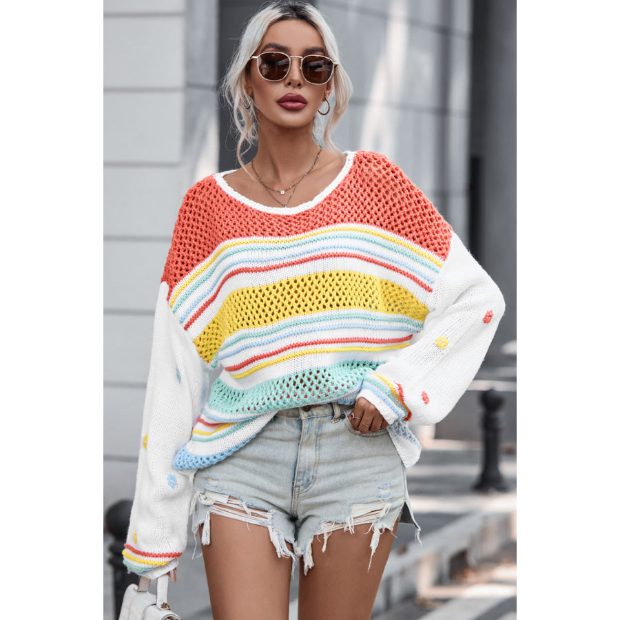 Hollow Striped Color Block Round Neck Sweater Apparel and Accessories