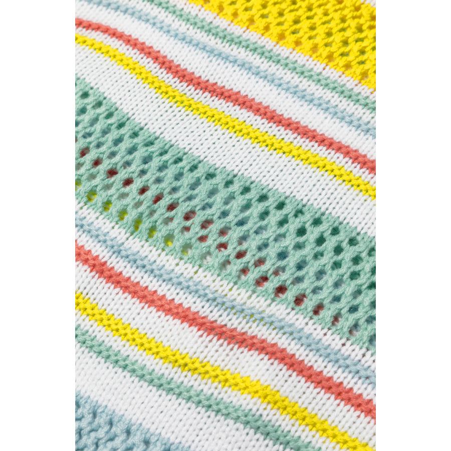 Hollow Striped Color Block Round Neck Sweater Apparel and Accessories