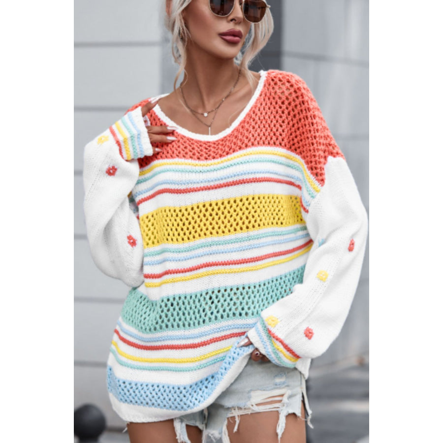 Hollow Striped Color Block Round Neck Sweater Apparel and Accessories
