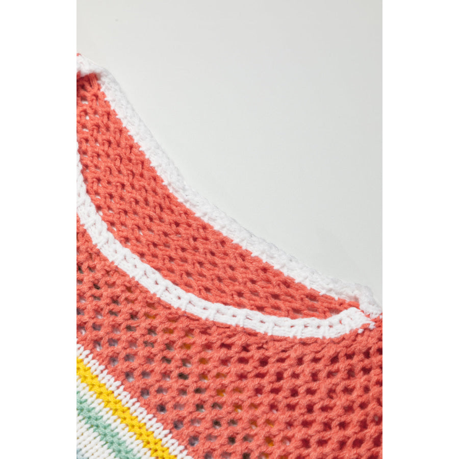 Hollow Striped Color Block Round Neck Sweater Apparel and Accessories