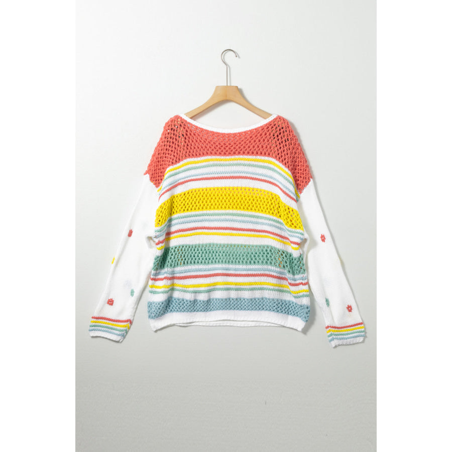 Hollow Striped Color Block Round Neck Sweater Apparel and Accessories