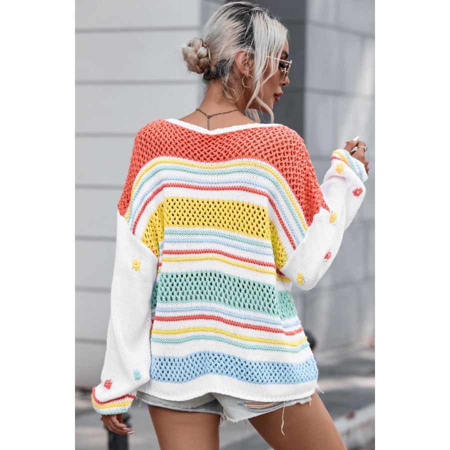 Hollow Striped Color Block Round Neck Sweater Apparel and Accessories