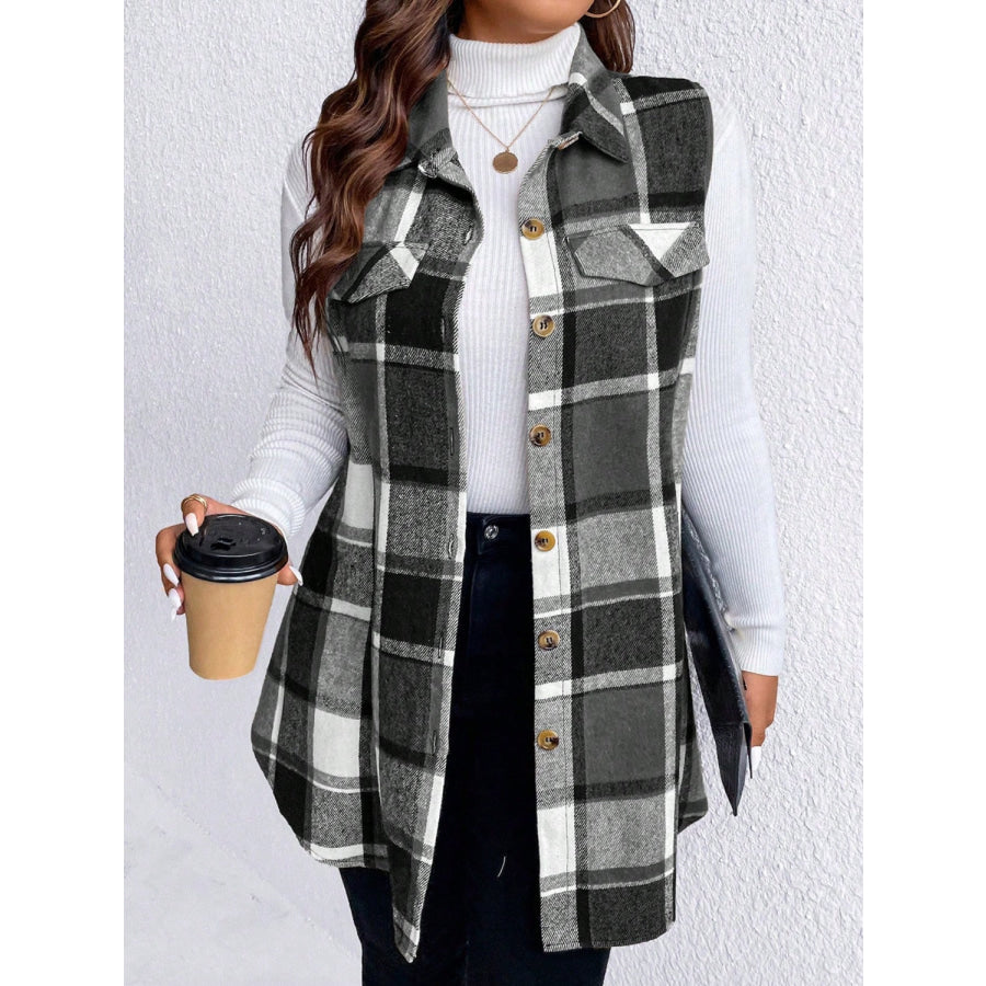 Honey Plus Size Pocketed Plaid Button Up Vest Coat Apparel and Accessories
