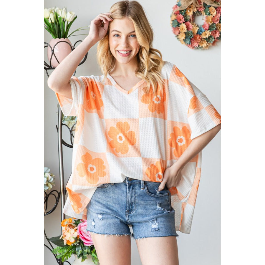 HOPELY Contrast Checkered Floral V-Neck T-Shirt Neon Orange / S Apparel and Accessories